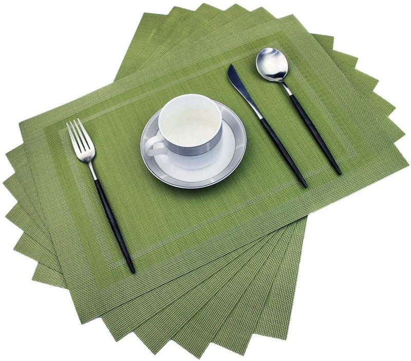 PIGCHCY Heat Insulation Non Slip Plastic Placemats,Washable Easy to Clean Woven Vinyl Kitchen Stain Resistant Placemats for Dining Table Set of 6 (Olive Green) - Image 1